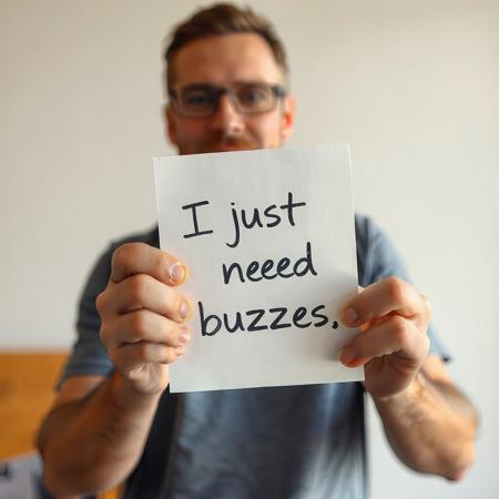 Man holding a note with this writing: I just need buzzes
