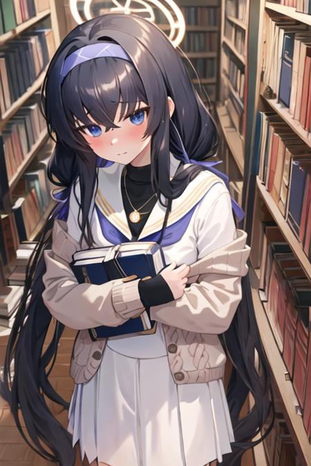 best quality, masterpiece, highres, solo, {ui_bluearchive:1.15}, long_hair, black_hair, bangs, hairband, halo, bags_under_eyes, blue_hairband, blue_eyes, hair_between_eyes, blush, jewelry, necklace, cardigan, very_long_hair, breasts, 1girl, book, bookshelf, holding, holding_book, long_sleeves, looking_at_viewer, pleated_skirt, school_uniform, serafuku, skirt, neckerchief, sailor_collar, white_skirt, closed_mouth, low_twintails, sweater, twintails, white_serafuku