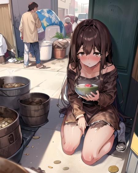 best quality, masterpiece, highres, detailed, perfect anatomy, <lora:Detail - add_detail:0.2>, <lyco:Traits - Rags:0.8>, RagClothing, dirty clothes, brown clothes, 1girl,  <lora:ChihoNTR:0.9>, brown eyes, brown dress, begging, slum, body writing, swept bangs, long hair, begging for money, on knees, holding bowl, bowl with coins, at the side of a street,