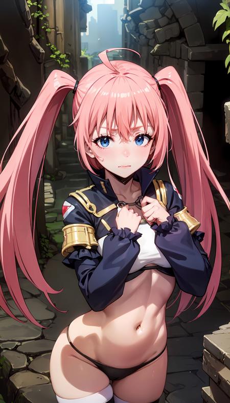 pink hair long hair twintails (white crop top) black sleeves black panties blue eyes ahoge one thighhigh one garter