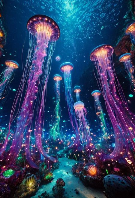 masterpiece, best quality, ultra-detailed, vivid lighting, wide-angle underwater shot. A vast, dreamlike marine world glowing with vibrant, bioluminescent light. The ocean floor is teeming with life — coral towers and waving sea anemones in radiant purples, pinks, blues, and greens, each pulsing softly like underwater lanterns. Enormous jellyfish drift slowly through the water, their translucent bodies trailing long luminous tendrils. Schools of small fish swim in coordinated patterns, their scales reflecting the colored light like polished glass. Gigantic deep-sea creatures hover silently in the distance, casting shimmering shadows over the reef. The bioluminescent sources — fish, flora, and mysterious deep-sea entities — are the only illumination, painting the scene with brilliant, surreal hues. The water is crystal clear, filled with glowing particles in constant motion, giving the impression of drifting stardust. Mood: awe-inspiring, enchanted, full of movement and life.