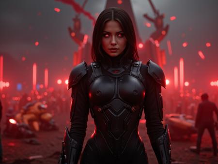 an attractive & beautiful dark haired 18 years old European woman with dark red eyes & a curvy body, wearing a tight matte black stealth color futuristic military spy outfit with combat armour, stands in a dramatic pose against a futuristic dystopian sci-fi cyberpunk setting with dramatic dark red lighting whilst a large scale battle rages on in the background.