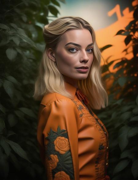 MargotRobbie, (art by David Michael Bowers:1.0) , photograph, Street level shot of a Overgrown (Girl:1.1) , Quilting, wearing deep orange Rockabilly clothing, Summer, Anime screencap, Folk Art, moody lighting, film grain, Sony A7, 800mm lens, anaglyph effect,  <lora:MargotRobbieSDXL:1>