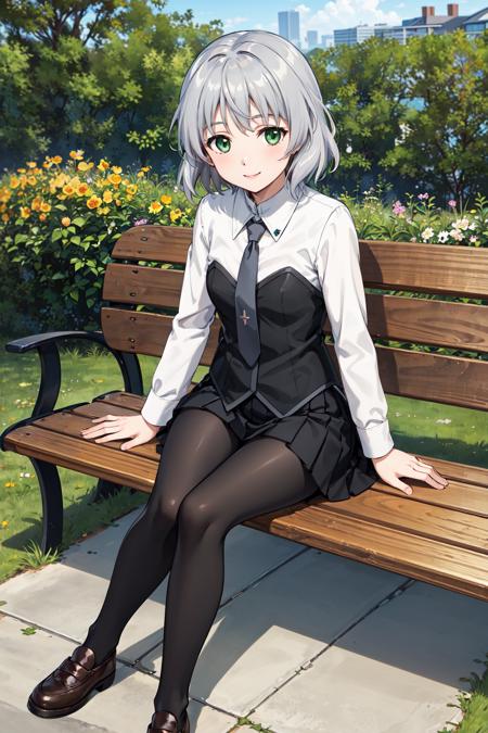 aasanya,short hair,green eyes,uniform,shirt,bustier,long sleeves,necktie,miniskirt,black pantyhose,shoes