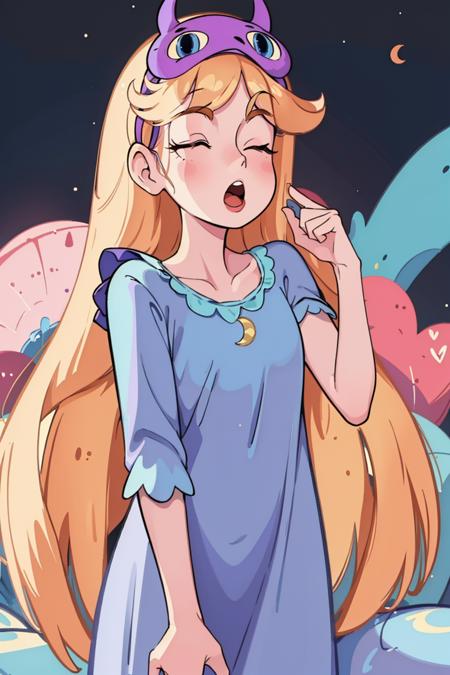 (masterpiece, best quality, high resolution:1.4), 1girl, woman, star butterfly, sleepy, yawn, nightgown, sleep mask, looking at viewer, crescent moon, <lora:StarButterfly_v1.1:1>