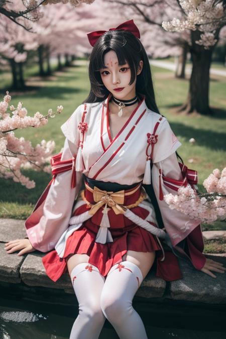 yaodaoji, 1girl, solo, cosplay, japanese clothes,choker, forehead mark, bow,white thighhighs, ribbon, skirt,long sleeves, miko, sash, ribbon trim, hair bow, hair ribbon, long hair, bangs,