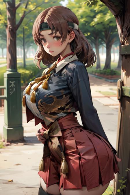 chiyodakc,  headband,  1girl, solo, outside, trees,  huge breasts,  <lora:ChiyodaKCLora-07:1>, grey blazer, bird pattern, plain red hakama skirt, gold tassel, white shirt, thighhighs