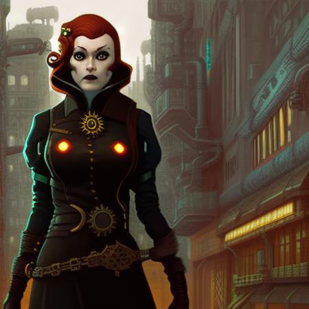 Closeup portrait shot of a steampunk female detective in a scenic cyberpunk mystery environment, ginger, art by newhorrorfantasy_style