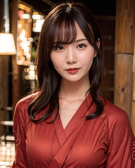 best quality, photorealistic, 8k, high res, 1girl, woman, (professional lighting), (portrait:0.6), (red kimono dress:1.72), gorgeous, black hair, (short hair:1.2), (1girl eyes looking at viewer:1.4), ((looking at viewer:1.6)), (looking at the camera), photorealistic, (bokeh), (portait:0.6), (dynamic pose:1.2), sfw, (smile:1), <lora:miru:0.71>