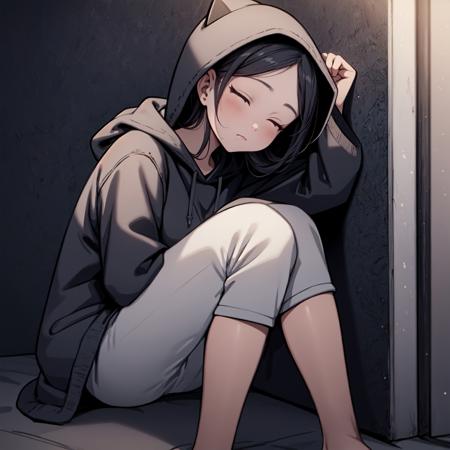 (masterpiece, best quality:1.2), (cat:1.2), girl sleeping, leaning against wall, hood, capri pants, hood on,<lora:Gloomifier_slider_LECO_500w:2.5>,  soft lighting,