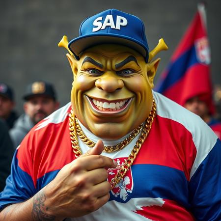 My dude fat RAP MC Shrek in gold chains with dangerous smile and gold tooth  staing in rap pose, my dude have RAP cap with SAP logo on it and he were in cool shirt with Serbian Red Blue White flage