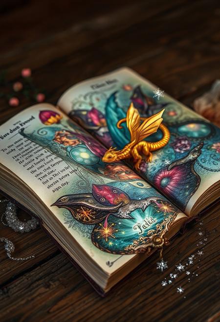 An opened storybook lies on a worn, wooden table, its pages spilling out a kaleidoscope of enchanting imagery. The illustrations, once confined to the pages, now begin to seep and spread, like a puddle of imagination and magic, across the surrounding surface. Delicate, swirling patterns and vibrant, shimmering colors mingle and blend, as if the very fabric of reality is being rewritten. A tiny, golden dragon, its scales glinting in the light, emerges from the pages, its wings unfolding like a delicate, paper-thin fan. Nearby, a sprinkle of glittering, silver stars twinkles, as if the night sky itself has been distilled into this tiny, shimmering pool. Every detail of the scene is meticulously rendered, from the intricate, hand-drawn illustrations to the worn, leather binding of the book. The overall effect is one of breathtaking, whimsical wonder, as if the boundaries between reality and fantasy have been blissfully blurred. highest-Quality, intricate details, visually stunning, Masterpiece