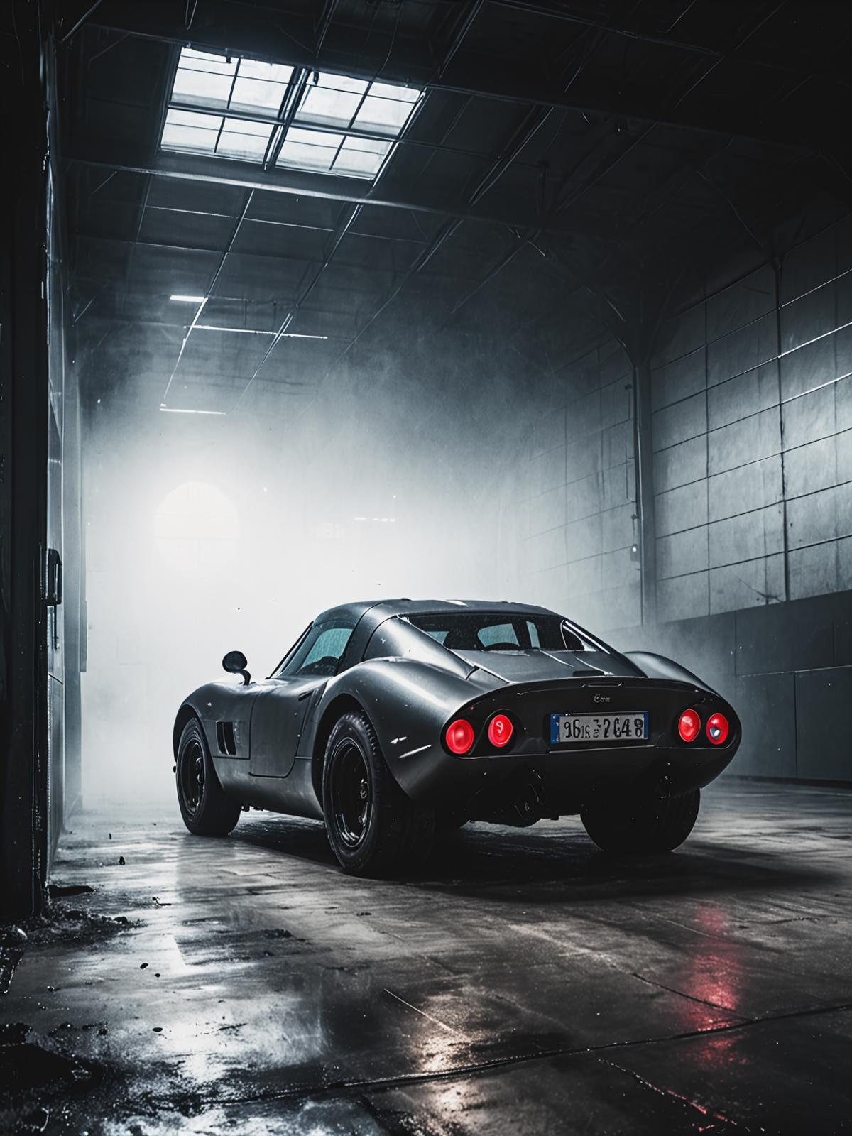 A black sports car parked in a garage with fog in the background.