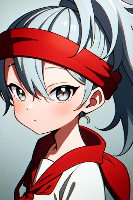 masterpiece, best quality, <lora:kunoichi_uikyou:0.7> 1girl, solo, grey eyes, grey hair, ponytail, red headband, single jingle bell, red headband, white serafuku, sailor collar, red neckerchief,