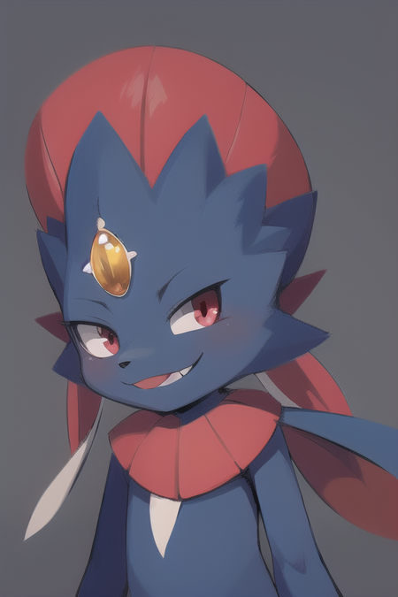 Weavile, bluish fur, orange gem, red eyes, smiling, cute,