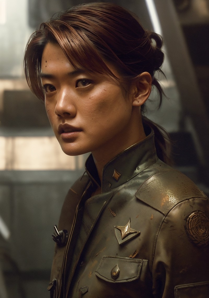 <lora:Grace Park:0.7> photo of the most beautiful artwork in the world featuring Battlestarofficer soft lustrous, industri...