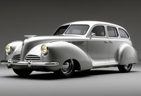 retro-futuristic concept car, curvy streamlined body, reminiscent of 1940s-50s automotive design, chrome accents, smooth rounded fenders, large rounded headlights, modernized with sleek integrated LED lighting, practical station wagon form, futuristic chrome grille, bold sweeping body lines, large windows, jet-age inspired design, subtle fins, low-slung yet practical, classic yet forward-thinking, metallic finish, perfect fusion of post-war futurism and modern technology, high-resolution, ultra-realistic textures, nostalgic yet innovative, functional and stylish, [boring modern design:-1.8], [low resolution:-1.7], [sharp angular body:-1.5], [flat surfaces:-1.6], [bland color palette:-1.4], [supercar aesthetic:-1.6]