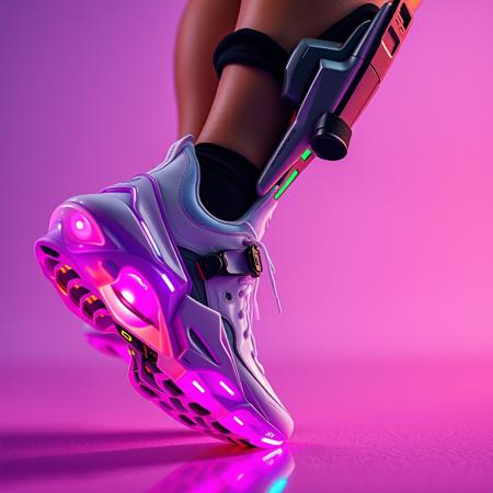 Futuristic athletic footwear, vibrant aesthetics, technologically powered exoskeleton, fashion photography, avant-garde.