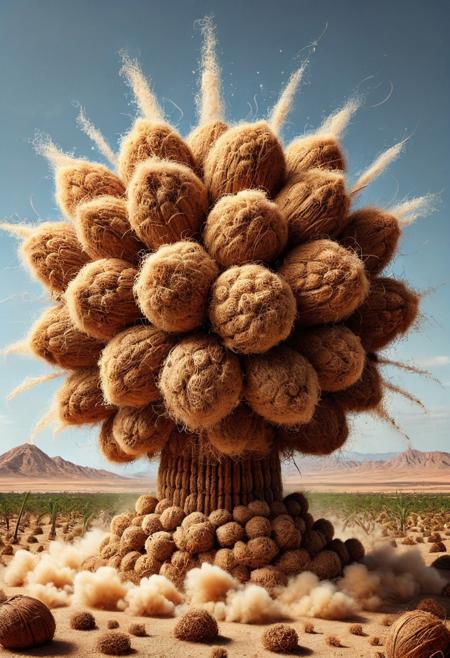 A nuke explosion, explosion made out of coconut, desert, huge, intense, detailed pamcocomat
