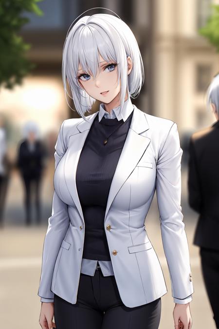 (masterpiece:1),(best quality:1),
1girl,white hair,business suit,
blurry background,