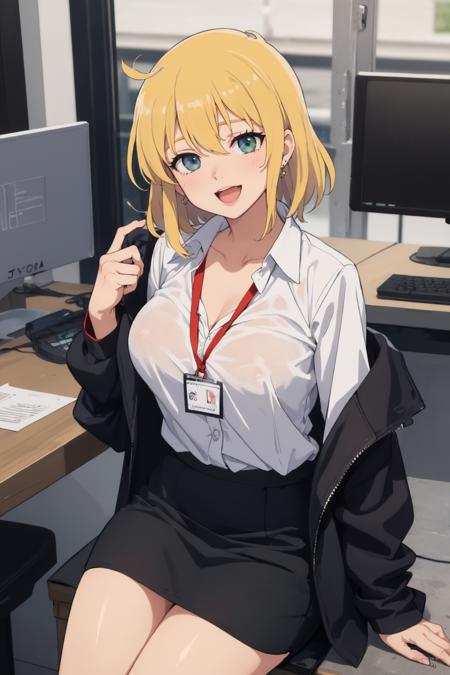 (masterpiece, best quality:1.2),  <lora:ryona:.9> ,ryona (senran kagura), 1girl, solo, jacket, holding, blonde hair, bangs, black jacket, open mouth, earrings, shirt, jewelry, :d, smile, long sleeves, looking at viewer, green eyes, blue eyes, hair between eyes, skirt, id card, + +, open jacket, sparkle, open clothes, formal, white shirt, grey shirt, lanyard, breasts, collarbone, black skirt, office lady, outdoors, glasses,