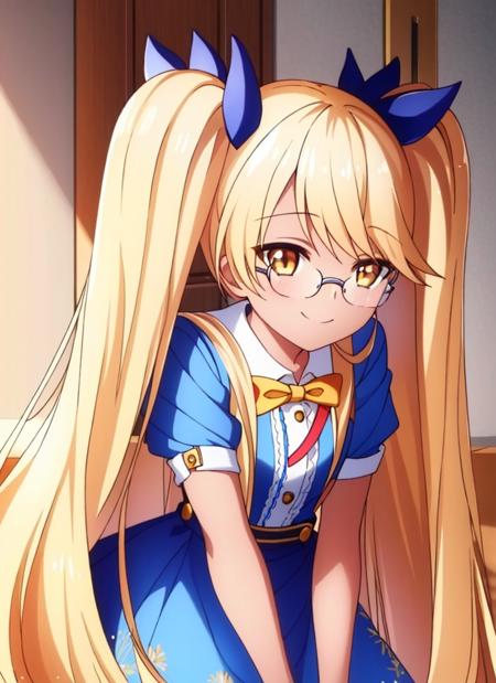 (masterpiece:1.3), (best quality:1.2),1girl,solo,yellow eyes,dark skin,blonde hair,long hair,glasses,twintails,hair ribbon,very long hair,smile,looking at viewer,