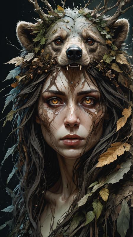 highly detailed, a mesmerizing portrait inspired by the fusion of Alphonse Mucha, Greg Rutkowsky, and Russ Mills, haunting atmosphere, a feral forest spirit bear woman, eyes dark with rage, angry in the ruins of ancient forest, longing for her lost home, bear and humanlike, evoking both beauty and loss of a fantasy memory of long ago,  <lora:detailed_notrigger:1>