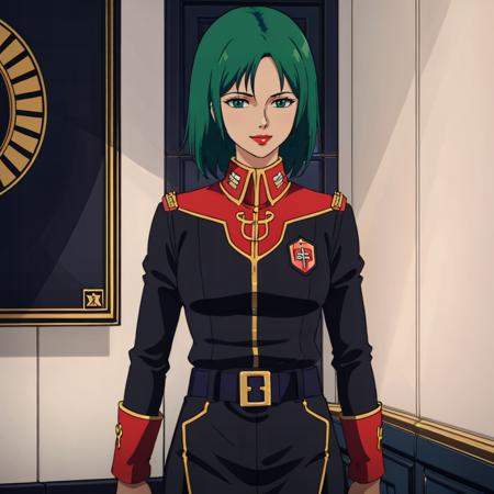 masterpiece,high quality,solo,indoors,
<lora:jeridandmouar001:0.7>,looking at viewer,smile,
mouarpharaoh,1woman,
short hair,green hair,green eyes,lipstick,
jacket,military uniform,long sleeves,
belt,black skirt,
white pantyhose,