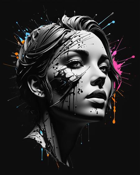 cool degree,  Hermaphroditus,  minimalistic graffiti masterpiece, minimalism, 3d abstract render overlayed, black background, psychedelic therapy, trending on ArtStation, ink splatters, pen lines, incredible detail, creative, positive energy, happy, unique, negative space, face, artgerm