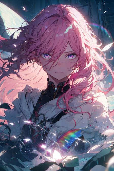 With pink hair and rainbow eyes,beautiful as a fairy,A melancholy expression that stirs affection,side face,floating hair,light particles,glare,vivid,fancy,dreamlike,a dim atomshpere,