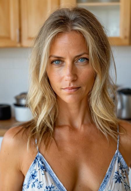 High quality, detailed, sexy 40 years old, beautiful face, sexy face, dirty blonde hair, light blue eyes, realistic face, high cheekbones, soft lips, wearing summer dress, professional photography, emotional face, kitchen in background, intense gaze at camera, slight downblouse
