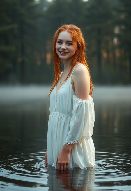 A photorealistic masterpiece of a 21 year old Scottish woman. She is standing up to her knees in a shallow loch. Her ginger hair is soaking wet and she has pale skin, freckles and a cute round perfect face. She is wearing a wet long white gown Dawn light can be seen creeping through the trees at the back and the early morning mist sits on top of the water. She is smiling giving off an ethereal vibe.
