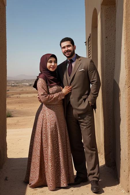 high quality, Algerian, traditional clothes, happiness, smile,  brown eyes, dark hair, 1male, DILF, rough looking, manly face, strong facial features, full beard, thick hair, hairy chest, hairy body, 1female, huge tits, big boobs, curvy body, big Cleavage, wide hips, thick hips, hijab, soft focus, soft light, 2characters, 2peoples, straight couple, couple,