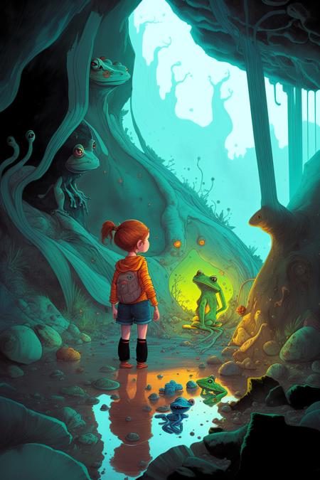 mindwarp , a child looking at a frog in a cave with a woman looking at it from the bottom of the cave, Diego Gisbert Llorens, josan gonzales and dan mumford, a storybook illustration, psychedelic art