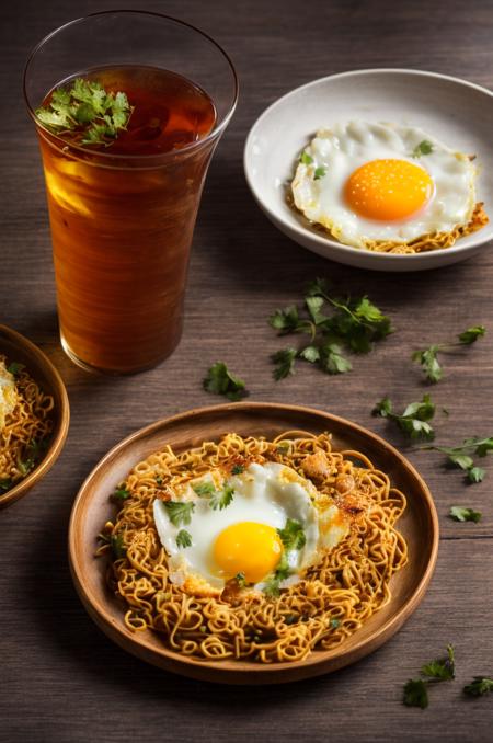 food, photography, miegoreng with one egg fried on plate, glass of ice tea, wooden table, details, hot, soft focus, dramatic light, low ligt, blurry background <lora:ARWmiegoreng:1> <lora:add_detail:1>