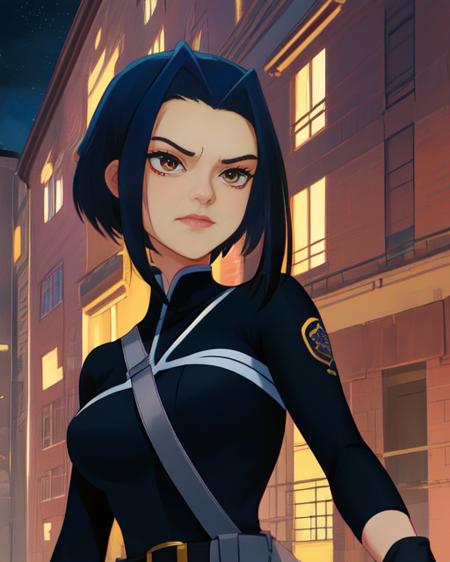 Jade, short black hair, brown eyes,   smug expression,  solo,   standing,  upper body, 
JaBSuit,black fingerless gloves, (black bodysuit), black belt, straps,  tall, 
streets, nighttime, 
(insanely detailed, beautiful detailed face, masterpiece, best quality) cinematic lighting,
 <lora:Jade:0.7>