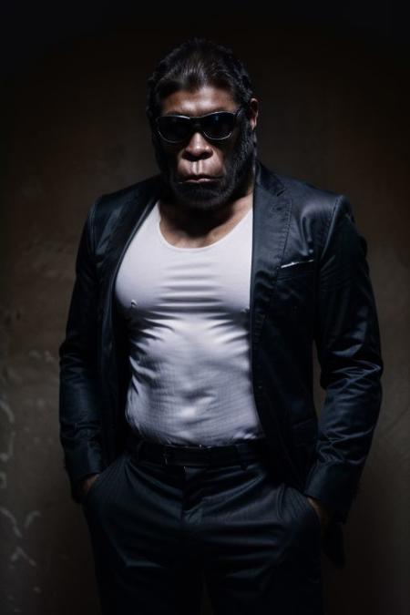 (analog photo) of a (fit male gangster gorilla) wearing a (italian black buisness suit with a white shirt and black tie) and wearing black Rayban style sunglasses, serious face,  (hands in pockets, confident posture,) masterpiece, Fine art photography, award winning photography