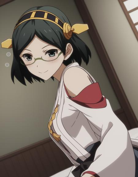 kirishima, short hair, black hair, hairband, glasses, black eyes, semi-rimless eyewear, green-framed eyewear, kirishima (kancolle), medium breasts, bare shoulders, detached sleeves, japanese clothes, nontraditional miko,