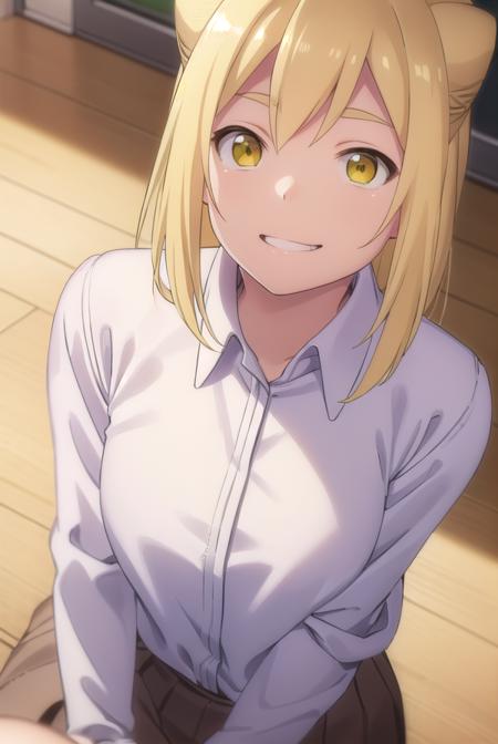 hikaritakanashi, <lora:hikari takanashi s1-lora-nochekaiser:1>,
hikari takanashi, medium hair, blonde hair, (yellow eyes:1.5), fang, hair bun, double bun, cone hair bun, smile, grin,
BREAK skirt, shirt, school uniform, white shirt, pleated skirt, brown skirt,
BREAK indoors, classroom,
BREAK looking at viewer, (cowboy shot:1.5),
BREAK <lyco:GoodHands-beta2:1>, (masterpiece:1.2), best quality, high resolution, unity 8k wallpaper, (illustration:0.8), (beautiful detailed eyes:1.6), extremely detailed face, perfect lighting, extremely detailed CG, (perfect hands, perfect anatomy),