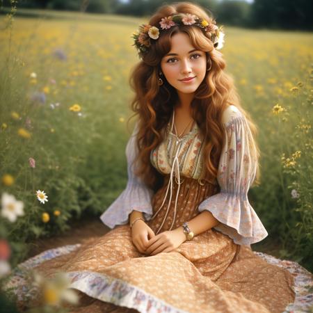 A vintage looking close up photo of a young woman with curly, chestnut brown hair, wearing a flowy bohemian dress with bell sleeves and a floral pattern. She is sitting on a patchwork quilt in a sunlit field surrounded by wildflowers. The environment is peaceful and idyllic, reminiscent of a hippie commune from the 70's. The lighting is soft and warm, casting a nostalgic glow, and the camera angle is slightly off-center, capturing the woman's natural beauty and free-spirited demeanor.
 <lora:RetroStyleV1:0.5> 60Retro69Punch75