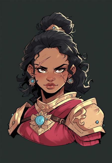 score_9, score_8_up, score_7_up,<lora:Jouste_v.0.5:1> jou5te, black outlines, dark yellow backgroud
upper body, portrait, female, dwarf, dark brown skin, thick black hair, frizzy hair bun, tan eyes, ear piercings, plump lips, knight armor, crimson armor, gold trim, face scar, cape, mantel
