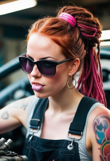 medium shot photo an absolutely stunning badass redhead girl who is a mechanic, dreadlocks, working on a supercar's engine. slightly muscular, tone, only wearing stained cap worn work gloves and dirty overalls, hair tied up in a bun, large boobs, sideboob, sweating, pale white skin, shiny skin, sweating, full sleeve colorful tattoo, smirking at viewer with one eyebrow up, dark sunglasses, hoop earrings, blowing bubblegum, bokeh,