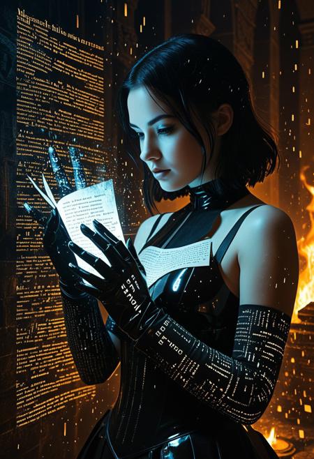 (masterpiece, atmospheric), cybernoir,
1girl with data-gloves, reconstructing burnt ancient manuscript via neural projection,
[Neo-gothic archive 2035], floating text fragments, digital dust motes,
raytraced shadows, knowledge core glow