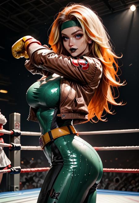crisp image, score_9, score_8_up, score_7_up, 1girl, ((1 adorable and cute sexy girl)), realistic lighting, realistic shadows, Expressiveh, beautiful faces, detailed faces, detailed eyes, ultra realistic, masterpiece, high detailed skin, full body shot, cowboy shot, glowing, neon,
BREAK, Amanda, long orange hair, black lipstick, grey eyes, fighter, athletic girl, detailed eyes, detailed face, sexy face, muscular girl, headband, bodysuit,  jacket, yellow gloves, belt
BREAK, detailed background, beautiful lighting, sweat, sweaty, beautiful shadows, boxing ring, 
1 girl, grinning, stretching, standing, stretching arms, from side,