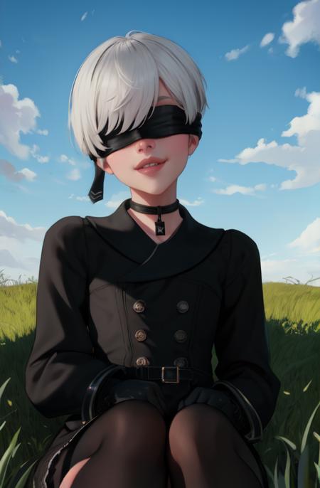 Yorha white hair,black blindfold,short hair,black choker, lips, mole under mouth,
 upper body, smile,  sitting,  upper body, 
black gloves,long sleeves, black shorts, black jacket,buttons,
deserted school yard, fog, grass, (insanely detailed, beautiful detailed face, masterpiece, best quality)
<lora:Yorha9s-10v7:0.8>