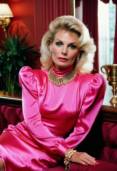 A highly detailed best quality photography from the (year 1986:1.5) shows Debra, a slim American (mature:1.5) crossdresser in a contemporary bar room. He leans lasciviously on a stylish chaise longue, half sitting, half lying down and looks at the viewer with a demeaning and arrogant smile on his face. 
The crossdressers face with (narrow-set) wide open dark eyes, (long heavily crucked nose), (slim lower jaw) and a (underbite) is (odd) but tells the interesting story of a live. The aged skin is wrinkled and shows agespots. The intricate wavy long white hair with (pink highlights) is elaborated. A heavy collar choker adornes the neck. He wears precious jewelry, Creole earrings and bangle bracelets. The decadent and extravagant (1980s style evening dress:1.5) results no cleavage because of a flat male chest.
The room is painted with gold and pink and has a minimalist furnishings in 1980s style. Wall lights create an intimate, subtle lighting atmosphere.