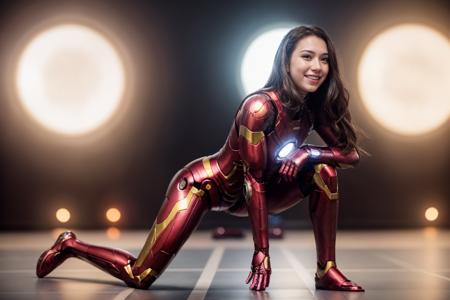 marvel movies,full body,wide shot,photo of a 18 year old girl,ironman,happy,laughing,kneeling,ray tracing,detail shadow,shot on Fujifilm X-T4,85mm f1.2,sharp focus,depth of field,blurry background,bokeh,lens flare,motion blur,<lora:add_detail:1>,