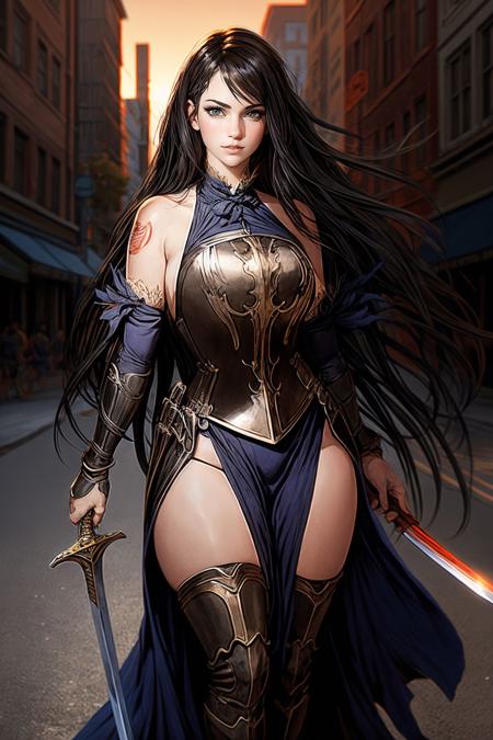 (best quality, masterpiece), realistic, (perfect detailed face), detailed bright eyes, good lit detailed skin, 1girl, (curvy), city streets, holding a cup, (dim:0.5), goldenhour, (low key:0.5), holding sword pose, snha  <lora:epi_noiseoffset2:0.5>  <lora:more_details:0.5>   <lora:add_sharpness:1.5> <lora:rec:1.25> <lora:Castlevania_OoE_Shanoa:0.7>