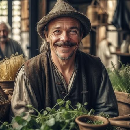 highly detailed documentary photo of herbalist,

 solo, looking at viewer, smile, long sleeves, 1boy, hat, grey hair, male focus, blurry, facial hair, plant, mustache, basket, old, old man, wrinkled skin

medieval shop,

masterpiece, best quality:1.1, 

ultra photoreal,
photorealistic:1.0, 
sharp focus:1.1, 
depth of field:1.1, 
god rays:1.4,

50mm, style of Nathan Wirth, Hasselblad X1D II, Porta 160,
