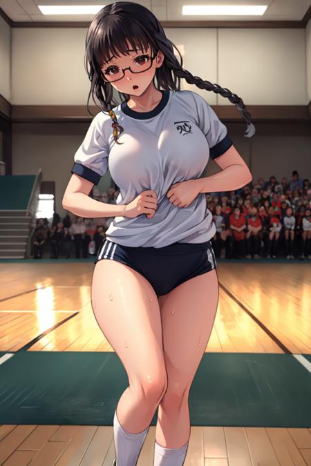 masterpiece, best quality, solo, 1girl, full body, (crowds, audience:1.2), buruma, gym uniform, indoor, gym, running, clumsy, playing volleyball, <lora:Sakajo_Hikaru_v6-000055:0.5>, glasses, black hair, (single long braid, big braid, very long hair:1.5), red eyes, medium breasts, white socks, uwabaki shoes, (shy, embarrassed:1.5), sweating, see-through,  <lora:buruma-v1:0.6:lbw=MIDD>